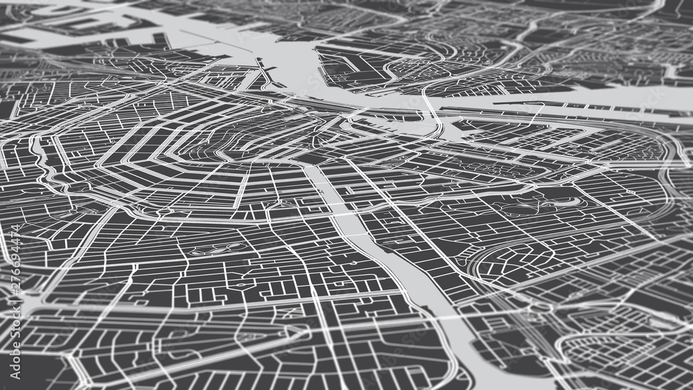 Obraz premium Aerial view city map Amsterdam, monochrome detailed plan streets and canals, urban grid in perspective