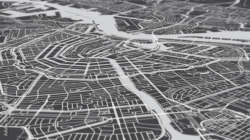 Aerial view city map Amsterdam, monochrome detailed plan streets and canals, urban grid in perspective photo