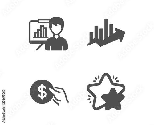Set of Payment, Presentation board and Growth chart icons. Star sign. Usd coin, Growth chart, Sale diagram. Customer feedback.  Classic design payment icon. Flat design. Vector