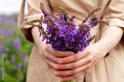 purple wildflower bouquet in woman hands