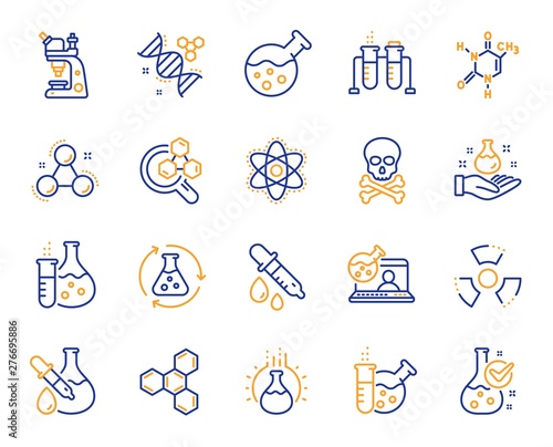 Chemistry lab line icons. Chemical formula, Microscope and Medical analysis. Laboratory test flask, reaction tube, chemistry lab icons. Microscopic research, toxic radiation. Vector