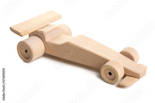 Handmade wooden toy car on white background.Racing car