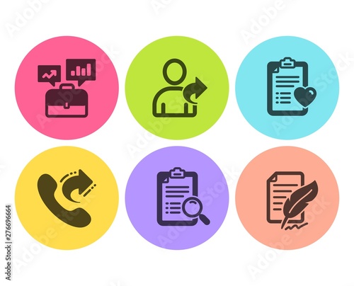 Search analysis, Patient history and Refer friend icons simple set. Share call, Business portfolio and Feather signature signs. Find survey, Medical survey. Business set. Flat search analysis icon