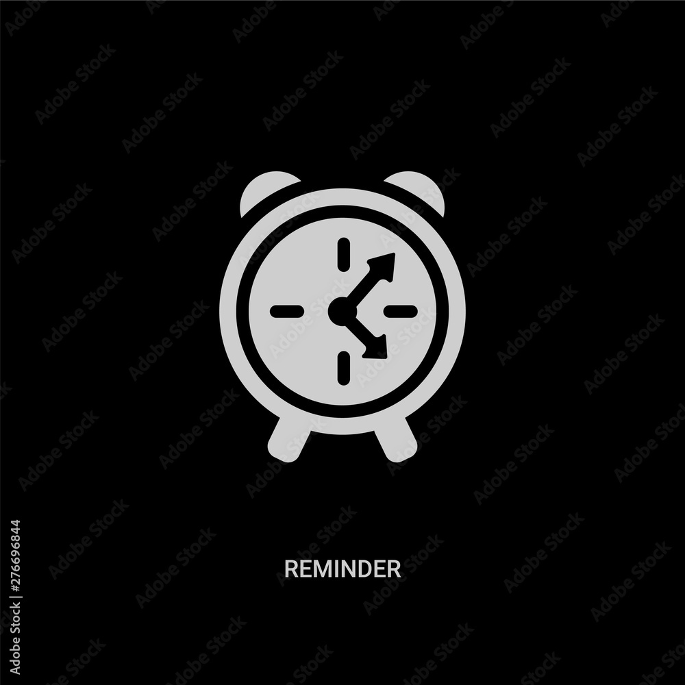 white reminder vector icon on black background. modern flat reminder from time management concept vector sign symbol can be use for web, mobile and logo. white reminder vector icon on black background. modern flat reminder from time management concept vector sign symbol can be use for web, mobile and logo.