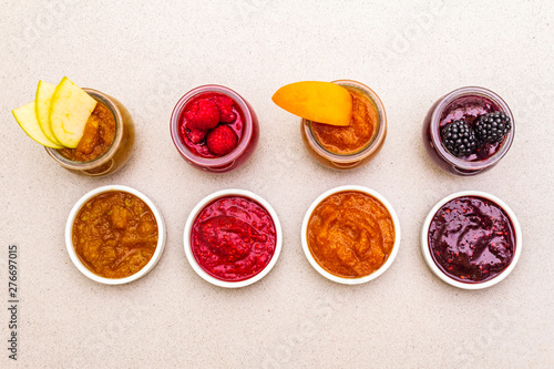 Healthy organic homemade assortment of fruit puree photo