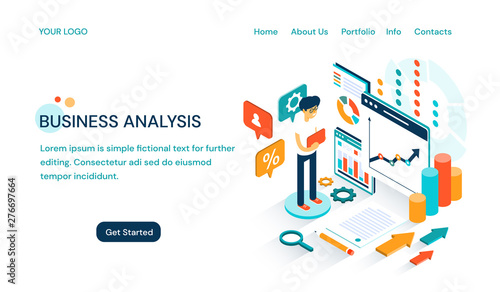 Business Analysis website template design with space for text and a cartoon businessman doing a presentation