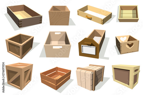 Box package vector wooden empty drawers and packed boxes or packaging crates with wood crated containers for delivery or shipping set illustration isolated on white background