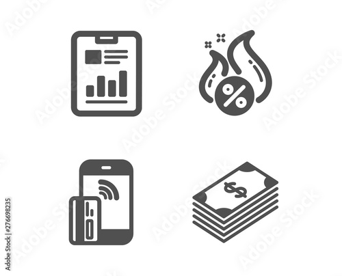 Set of Report document, Hot loan and Contactless payment icons. Dollar sign. Page with charts, Discount offer, Phone money. Usd currency.  Classic design report document icon. Flat design. Vector