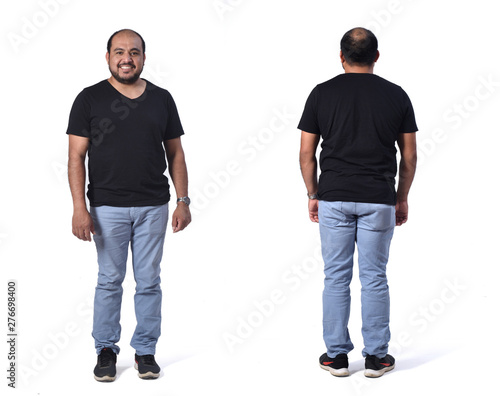 full portrait of latin man front and back with jeans on white