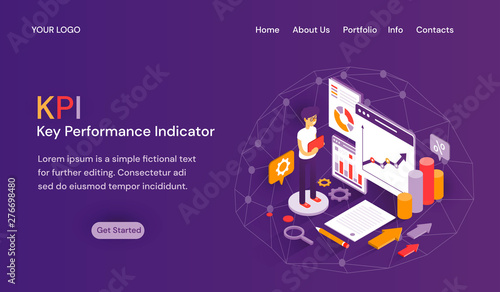 KPI Key Performance Indicator website template with header tabs, room for text above a Get Started button