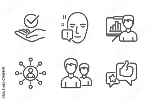 Presentation board, Approved and Couple icons simple set. Face attention, Networking and Like signs. Growth chart, Verified symbol. People set. Line presentation board icon. Editable stroke. Vector