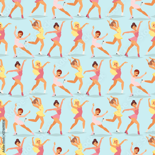 Wallpaper Mural Figure ice skater women vector beauty sport girls doing exercise and tricks jump characters dancer people performance seamless pattern background illustration. Torontodigital.ca