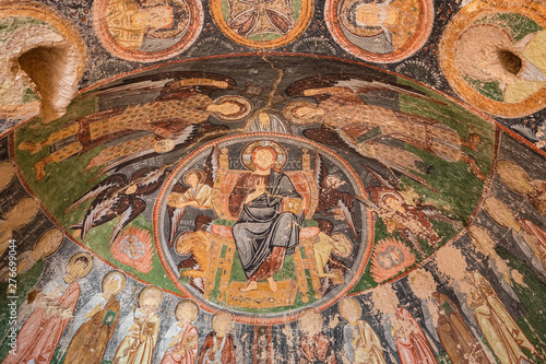 Fresco in abandoned cave church of the Cross Crusader Church at Rose valley in Cappadocia region