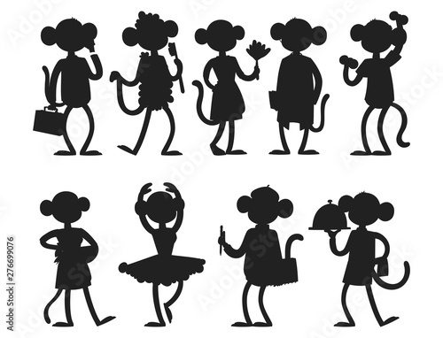 Monkeys rare animal vector silhouette cartoon macaque like people nature primate character wild zoo ape chimpanzee illustration.