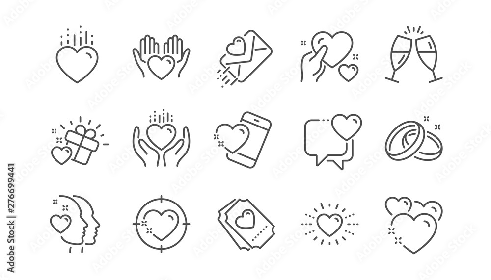 Love line icons. Gift box, Heart and Romantic letter. Wedding rings, glasses with champagne, love heart icons. Linear set. Vector Love line icons. Gift box, Heart and Romantic letter. Wedding rings, glasses with champagne, love heart icons. Linear set. Vector
