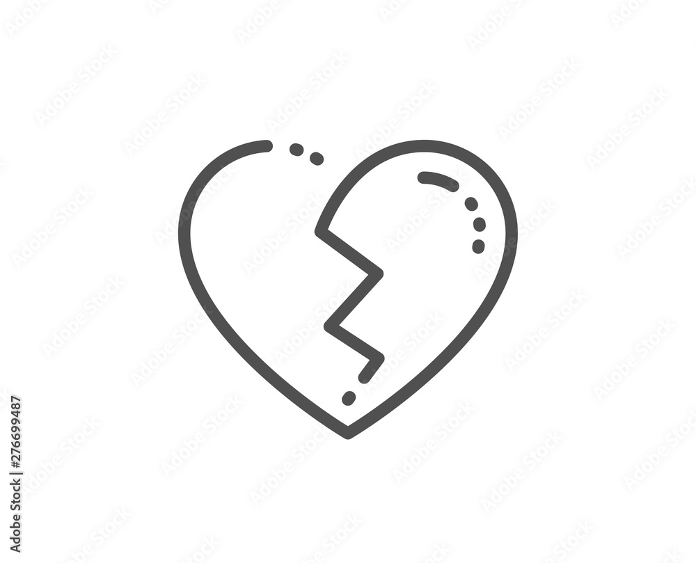 Broken heart line icon. Love crush sign. Divorce symbol. Quality design element. Linear style broken heart icon. Editable stroke. Vector Broken heart line icon. Love crush sign. Divorce symbol. Quality design element. Linear style broken heart icon. Editable stroke. Vector