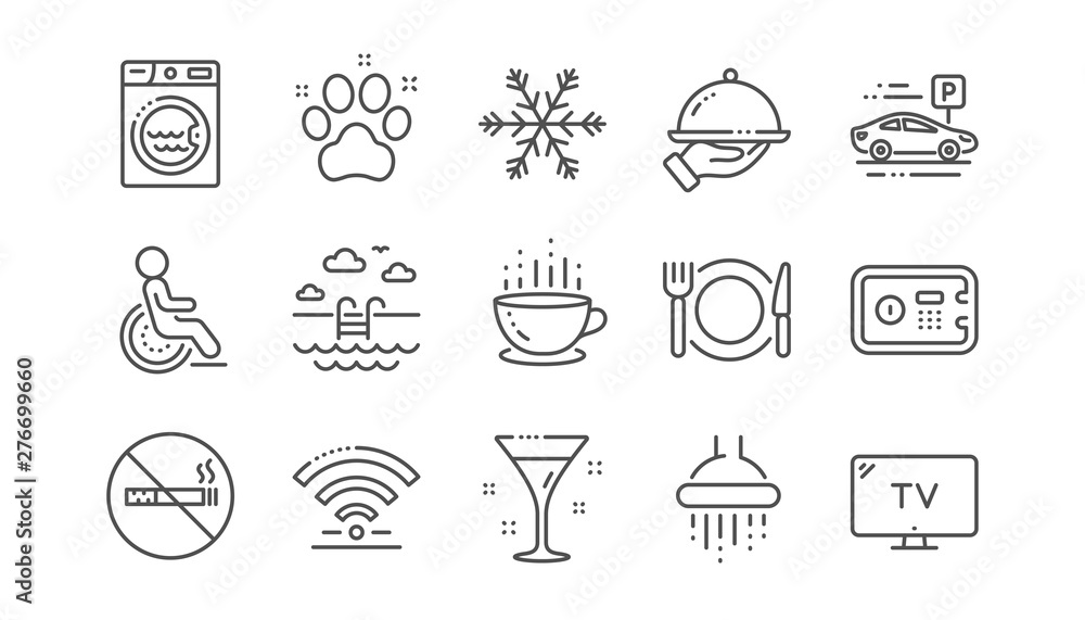 Hotel service line icons. Wi-Fi, Air conditioning and Washing machine. Pets, swimming pool and hotel parking icons. Linear set. Vector