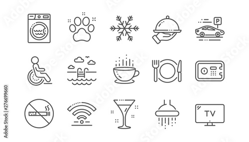 Hotel service line icons. Wi-Fi  Air conditioning and Washing machine. Pets  swimming pool and hotel parking icons. Linear set. Vector