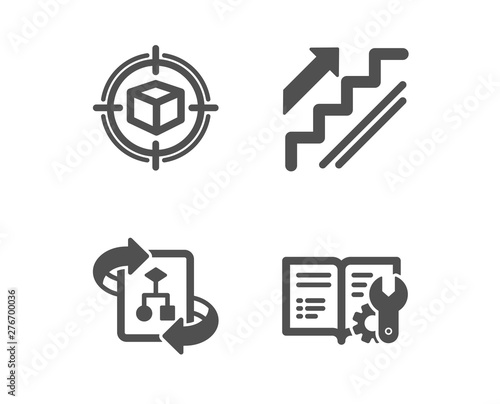 Set of Stairs, Parcel tracking and Technical algorithm icons. Engineering documentation sign. Stairway, Box in target, Project doc. Manual.  Classic design stairs icon. Flat design. Vector