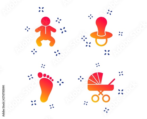Baby infants icons. Toddler boy with diapers symbol. Buggy and dummy signs. Child pacifier and pram stroller. Child footprint step sign. Random dynamic shapes. Gradient baby icon. Vector