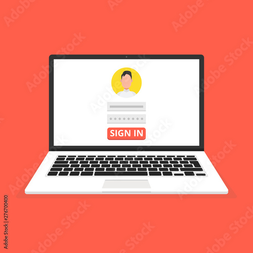 Sign in page on laptop screen. Male avatar. Vector illustration.