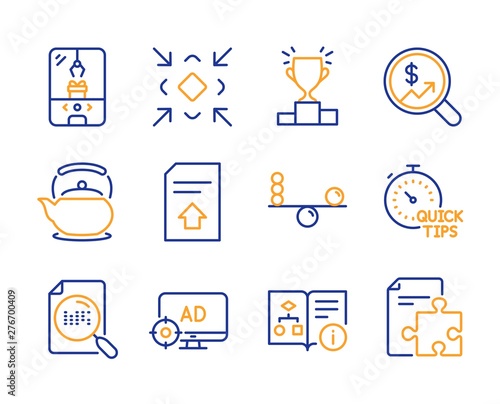 Teapot, Technical algorithm and Search file icons simple set. Seo adblock, Currency audit and Upload file signs. Winner podium, Balance and Minimize symbols. Line teapot icon. Colorful set. Vector