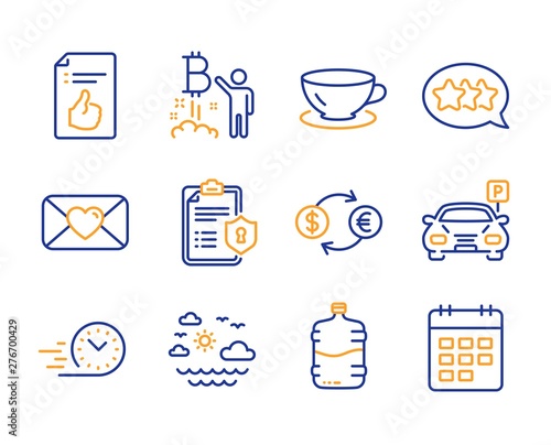 Parking, Travel sea and Privacy policy icons simple set. Cooler bottle, Approved document and Bitcoin project signs. Espresso, Currency exchange and Fast delivery symbols. Line parking icon. Vector