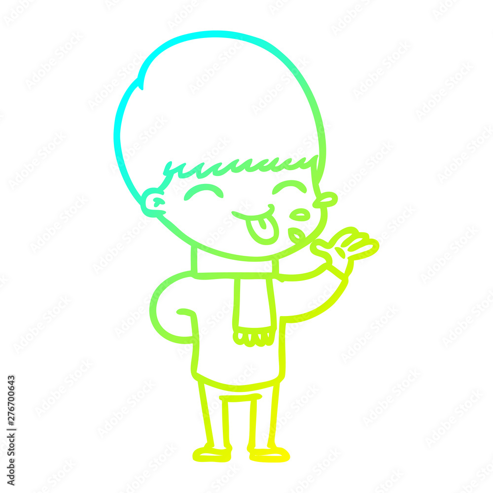 cold gradient line drawing cartoon boy sticking out tongue