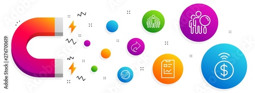 Magnet attracting. Search people, Share and Group icons simple set. Audit, Report document and Contactless payment signs. Find employee, Link. Technology set. Line search people icon. Vector