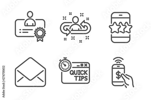 Quick tips, Recruitment and Mail icons simple set. Certificate, Star and Phone payment signs. Helpful tricks, Manager change. Technology set. Line quick tips icon. Editable stroke. Vector