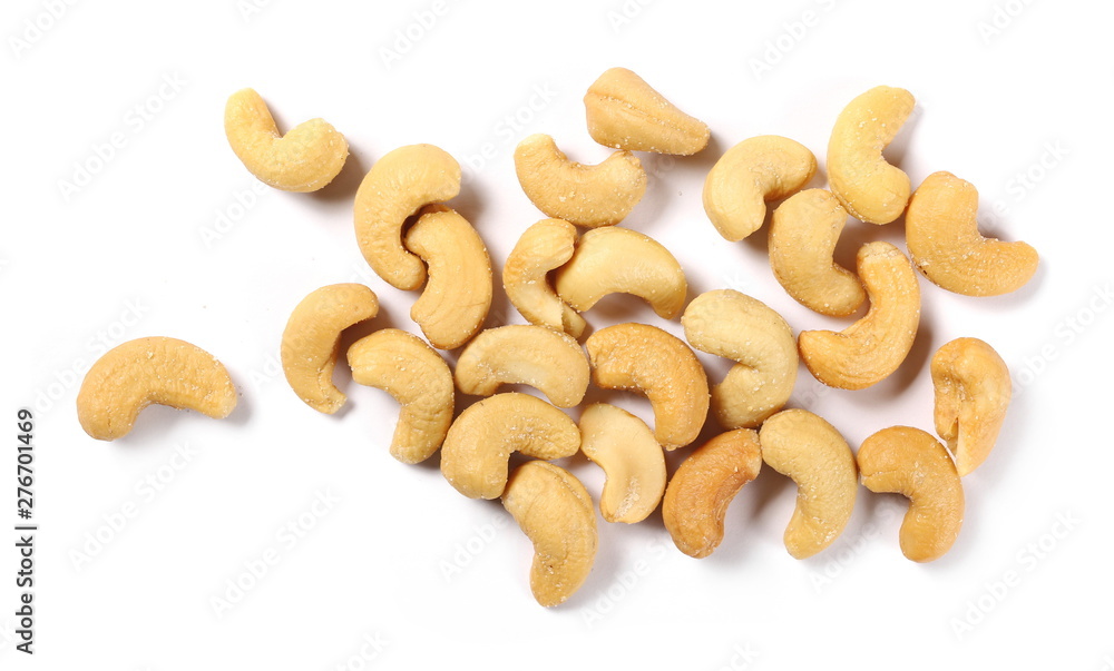 Salted cashew nuts isolated on white background, top view Salted cashew nuts isolated on white background, top view