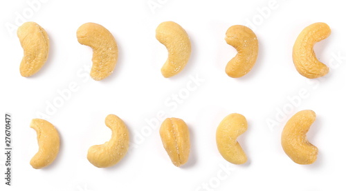 Salted cashew nuts set and collection isolated on white background, top view photo