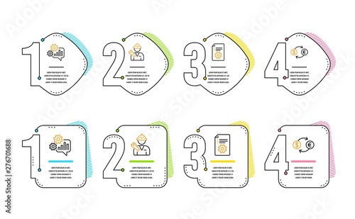 Technical documentation, Cogwheel and Repairman icons simple set. Currency exchange sign. Manual, Engineering tool, Repair service. Banking finance. Infographic timeline. Vector