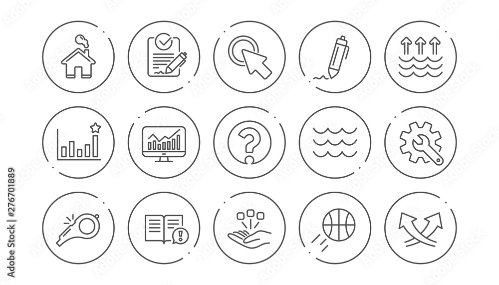 Fototapeta premium Waves, Whistle and Global warming line icons. Signature, Analytics and Question mark. Linear icon set. Line buttons with icon. Editable stroke. Vector