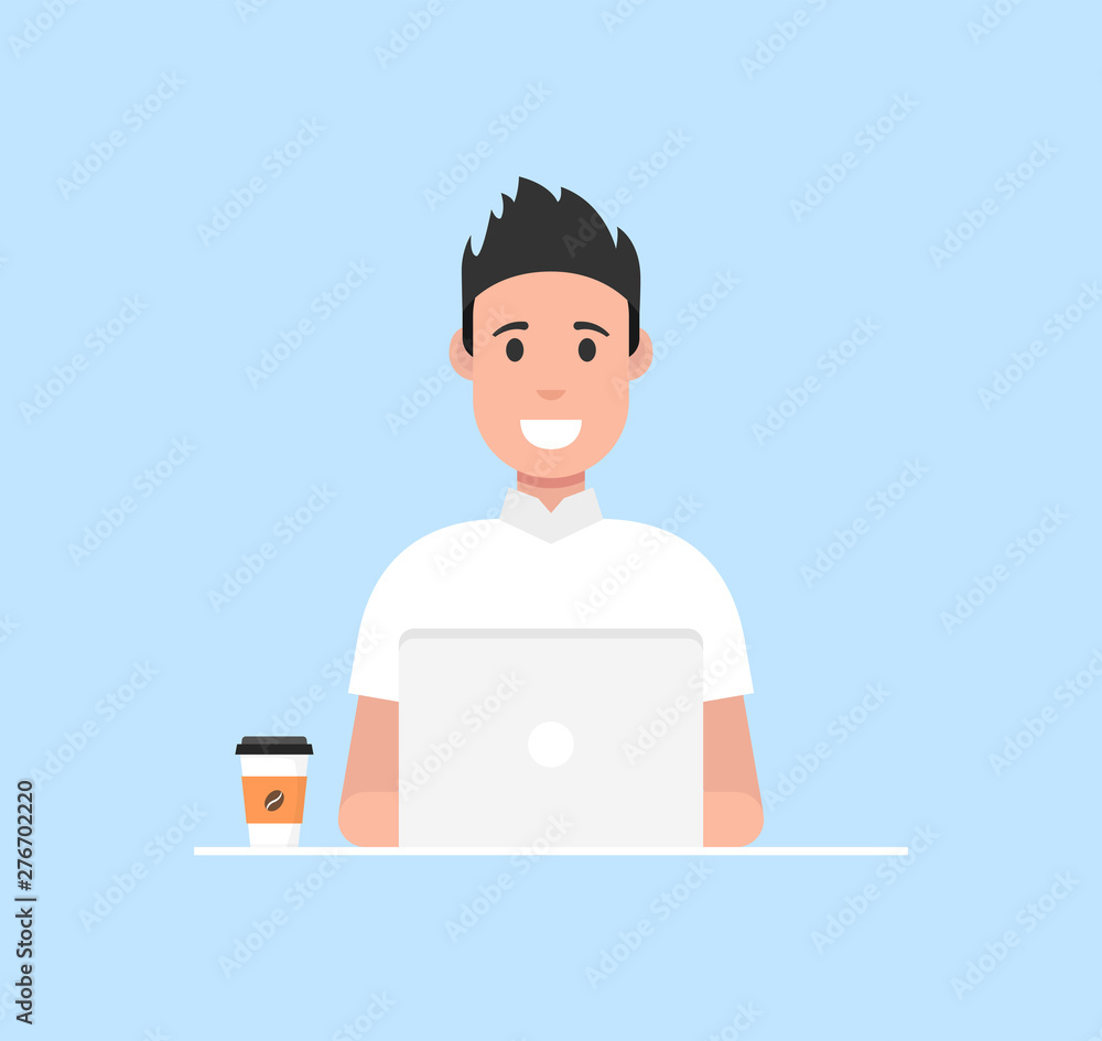 Man at his desk is working on the laptop computer and drinking coffee. Freelance job concept. Vector illustration.