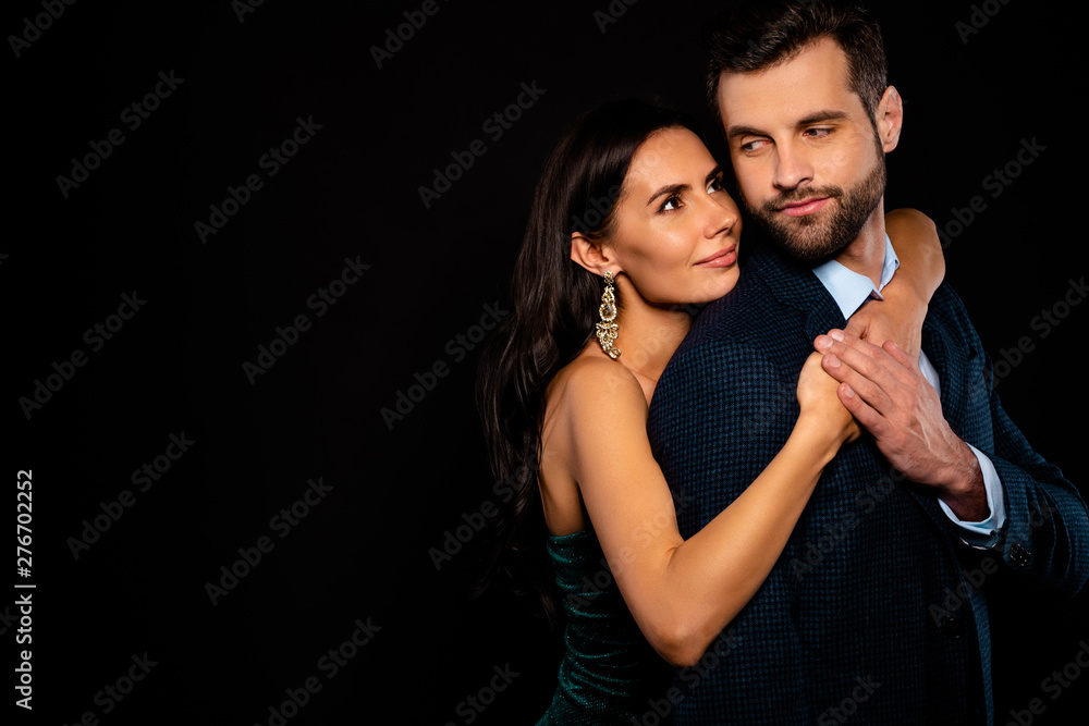 Close up side profile photo pair classy she her chic mistress he him his hold only my mine guy hands arms chest piggyback position wear blue plaid costume jacket green dress isolated black background Close up side profile photo pair classy she her chic mistress he him his hold only my mine guy hands arms chest piggyback position wear blue plaid costume jacket green dress isolated black background
