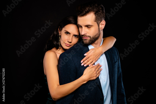 Close up photo pair classy vogue she her chic mistress he him his hold only my mine guy hands arms chest piggy back position wear blue plaid costume jacket green dress isolated black background