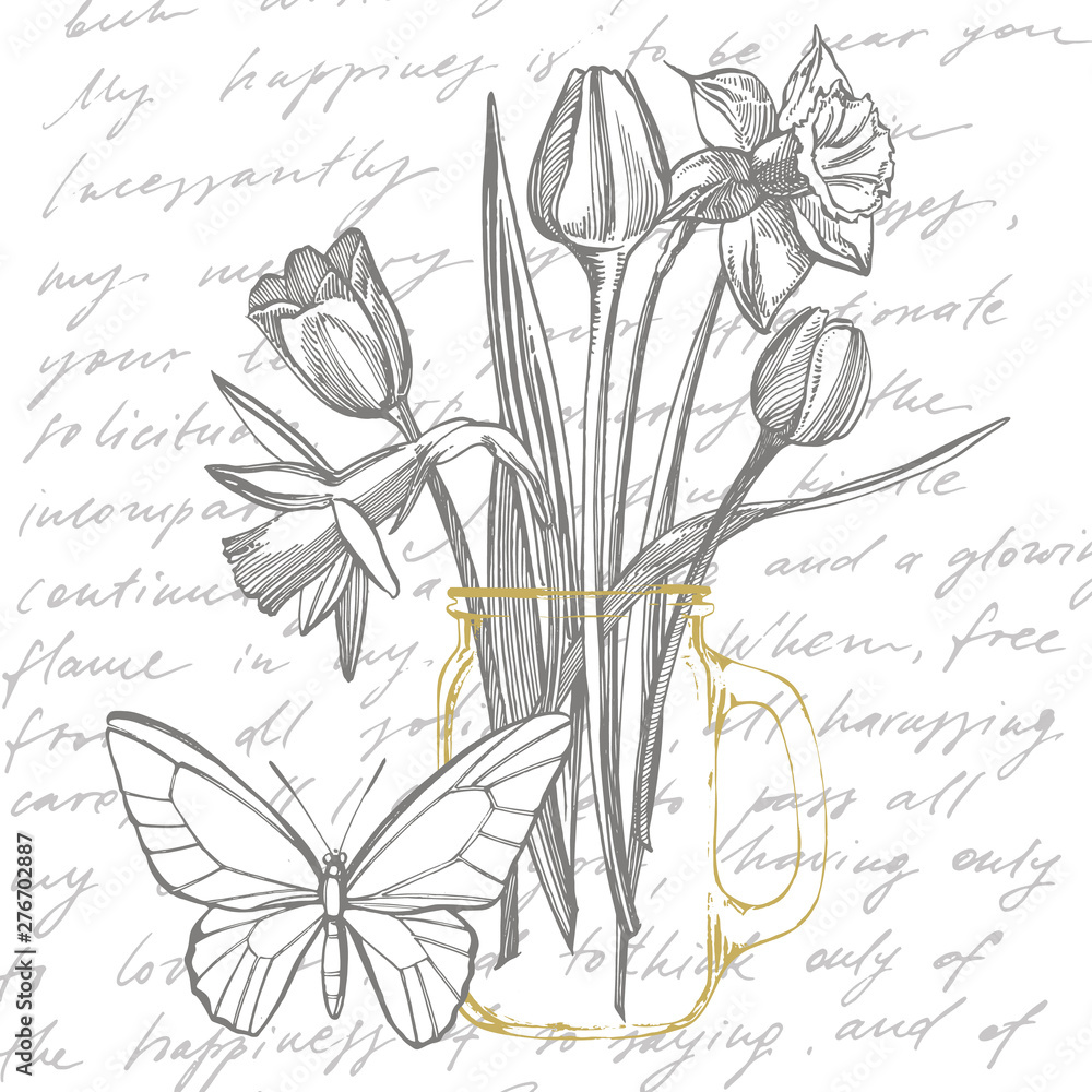 Tulips and Narcissus flowers bouquet isolated on white background. Set of drawing cornflowers, floral elements, hand drawn botanical illustration. Handwritten abstract text.