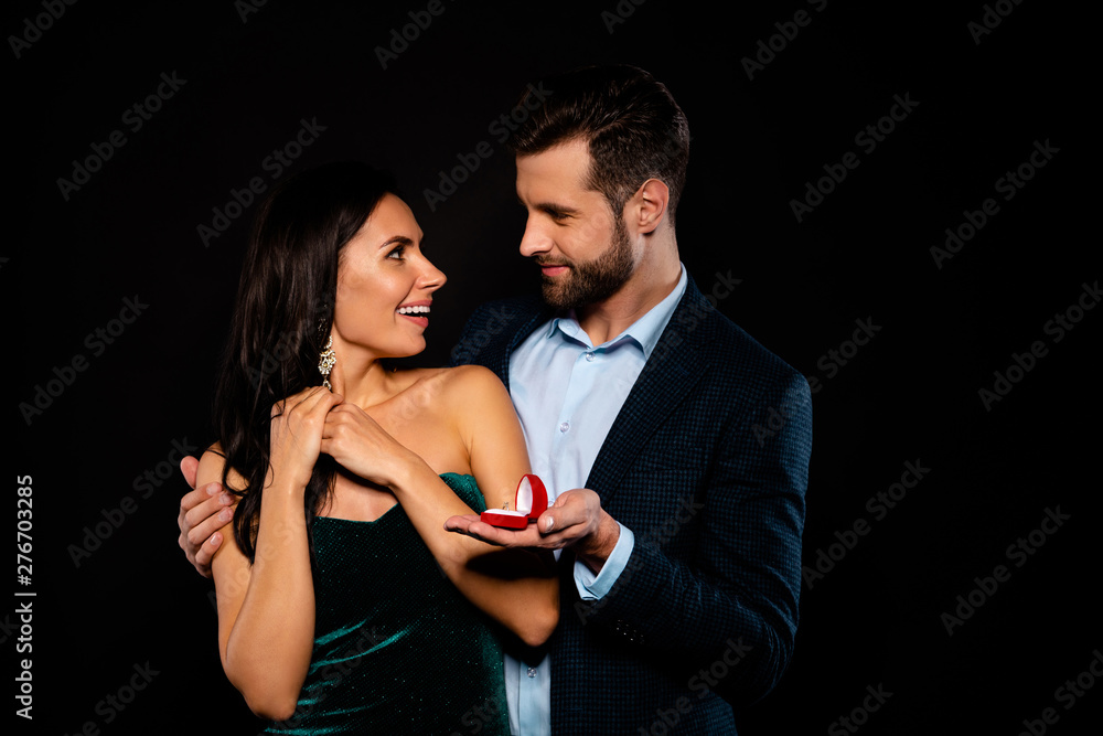 Portrait of his he her she nice-looking gorgeous fascinating attractive lovely luxury cheerful cheery two person soul mate get receive propose best occasion event isolated over black background Portrait of his he her she nice-looking gorgeous fascinating attractive lovely luxury cheerful cheery two person soul mate get receive propose best occasion event isolated over black background