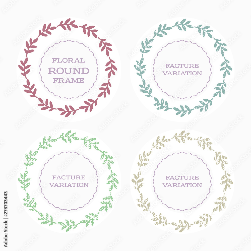 Isolated vector illustration. Round floral frame with stylized leaves. Color silhouette on white background.