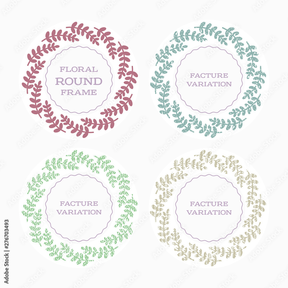 Isolated vector illustration. Round floral frame with stylized leaves. Color silhouette on white background. Isolated vector illustration. Round floral frame with stylized leaves. Color silhouette on white background.