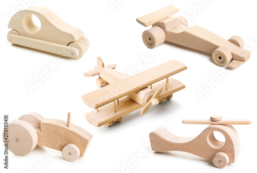 Set of wooden toy on white background.
