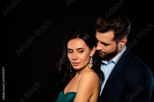Close-up profile side view portrait of his he her she nice-looking fascinating attractive lovely lovable winsome luxurious passionate two person soul mate spending time isolated over black background