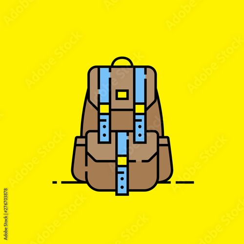 Adventure backpack line icon. Canvas outdoor style bag graphic. Brown backpacking baggage isolated on yellow background. Vector illustration.