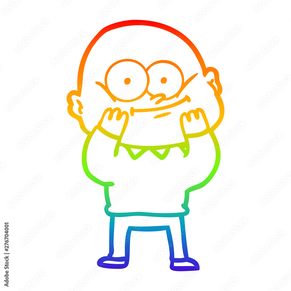rainbow gradient line drawing cartoon bald man staring