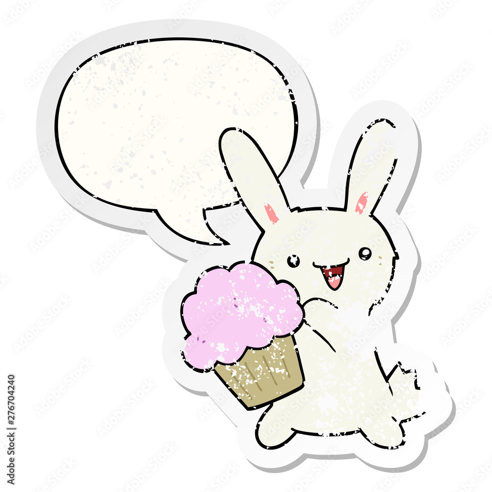 cute cartoon rabbit and muffin and speech bubble distressed sticker cute cartoon rabbit and muffin and speech bubble distressed sticker