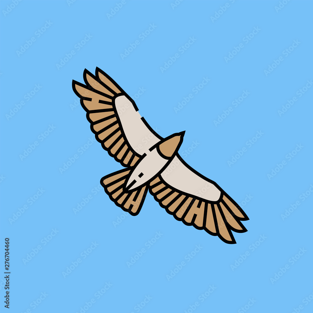 Obraz premium Eagle flight line icon. Hawk wingspan symbol. Bird of prey flying graphic isolated on blue background. Vector illustration.