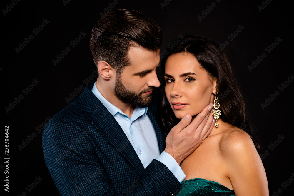 Close-up portrait of his he her she nice-looking attractive lovely lovable shine delicate winsome glamorous luxurious two people isolated over black background