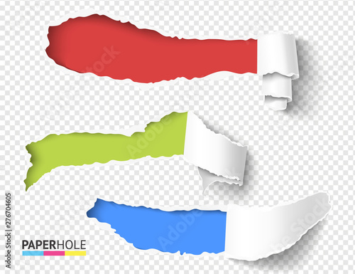 Set of vector blank realistic ripped off paper curly scroll pieces with torn hole edges on a transparent background. Be used for a sale advert empty banner revealing advertisement message rgb concept.