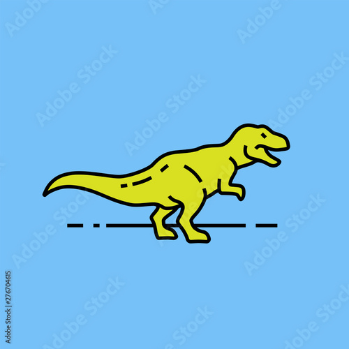 T-Rex dinosaur line icon. Tyrannosaurus rex symbol. Green jurassic predator graphic isolated on blue background. Vector illustration.